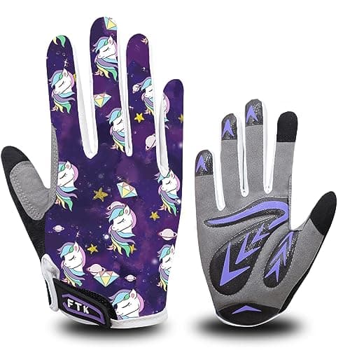 Image of Kids Cycling Gloves Full Finger Gel Padded Anti Slip Value Pair, Bike Gloves Girls Boys Junior Good Grip Breathable for MTB BMX Dirtbike Ridding Sport Outdoor Blue Green Orange (Purple, S)