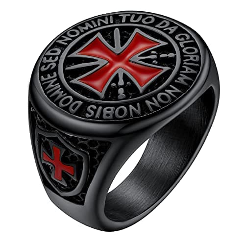 Image of FaithHeart Punk Rings for Males Size Q, Stainless Steel Knights Templar Biker Ring Black Plated Crusader Cross Finger Band Comfort Fits