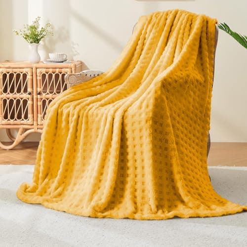 Image of Wajade Fleece Throw Blanket, Fluffy Faux Fur Blanket for Bed Sofa Couch, Soft Warm Thick Blanket,Waffle Yellow-127X178
