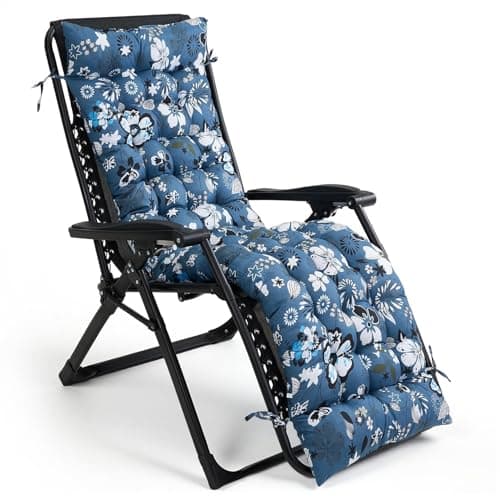Image of DKIEI Printed Floral Sun Lounger Cushion Replacement, Thick Garden Recliner Chair Cushion with Anti-slip Straps, Sunbed Cushions for Indoor Outdoor Yard Beach(Only Cushion), Blue Flowers, 168x48x8cm