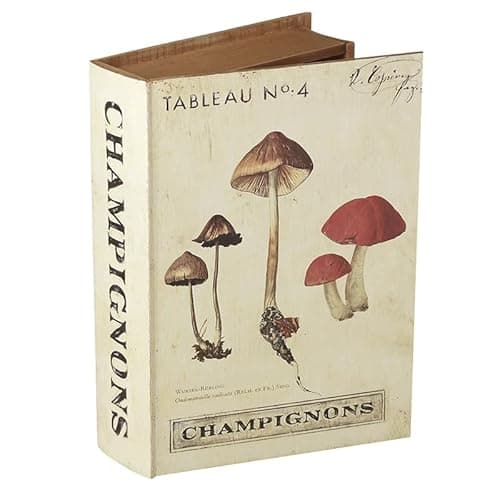 Image of Heaven Sends Champignons Mushroom Wooden Book Storage Box – Large Decorative Faux Book with Vintage Mushroom Design – Natural Wood Secret Storage Organiser