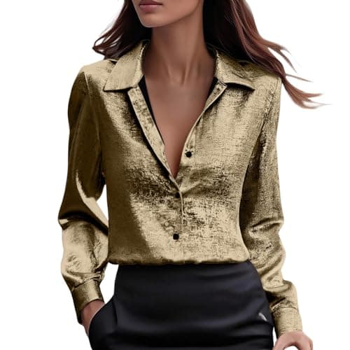 Image of Satin Blouses for Women Silky Metallic Shiny Dress Shirts Long Sleeve Button Down Sparkly Tops Casual Business Tshirt Blusa De Satin para Mujer Elegante(Gold, XL)