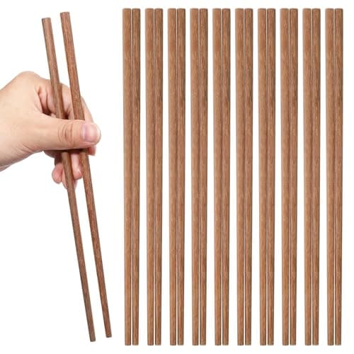 Image of Thinp 10 Pairs Wooden Chopsticks, 9.8 Inch Natural Bamboo Chopsticks Reusable Dishwasher Safe Cooking Chopstick Non Slip Wood Handmade Chopstick for Chinese Japanese Korean Cuisine