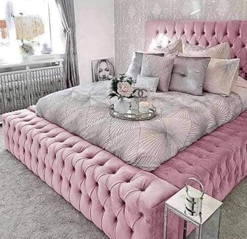 Image of Attock Beds Chesterfield Plush Velvet Upholstered Regal Ambassador Bed Frame and Headboard - Hand Made in the UK - Double/Kingsize/Superking (Pink Plush, Super King 6ft with Mattress)