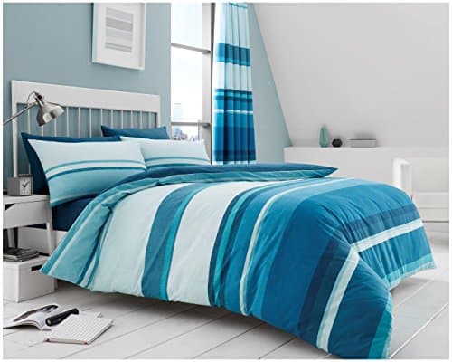Image of GC GAVENO CAVAILIA Reversible Duvet Cover Set Teal, Striped Bedding King Size, Easy Care Polycotton Quilt Covers