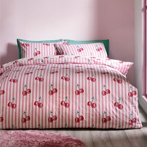 Image of Catherine Lansfield Disco Cherries Stripes Reversible Double Duvet Cover Set with Pillowcases Pink