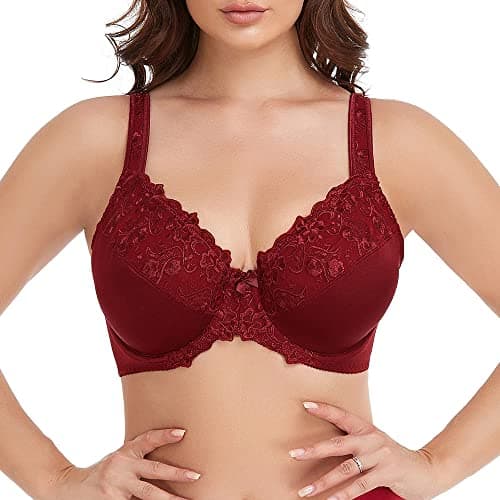 Image of Ayigedu UK Women's Underwire Bra Lace Non Padded Plus Size Full Coverage Minimizer Bras 32-E Wine Red