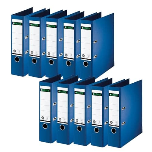 Image of Leitz 10070068 Quality Folder 180° Pack of 10 A4 8 cm Spine Width Special Paper Lamination in Linen Embossing Blue Angel Blue