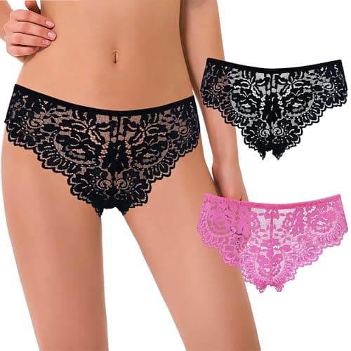 Image of Curve Muse Women's Tanga Thongs Hipsters Underwear Floral Lace Panties-2 Pack-Hot Pink,Black-L