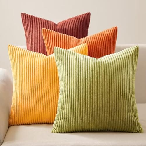 Image of Topfinel Yellow and Orange Cushion Covers 50cm x 50cm Winter Sofa Bed Colorful Cushions Soft Pillow Case Corduroy Decorative Cushions Pillow Cover for Livingroom Bedroom Invisible Zipper,Set of 4