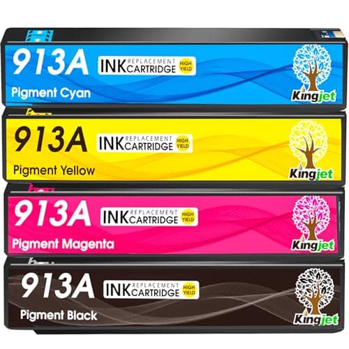 Image of KINGJET 913A Ink Cartridges for HP 913A 913 Ink Multipack for PageWide Pro 377dw 377dn 477dw 477dn 352dn 452dn MFP 477dw 552dw 577dw Managed MFP P55250dw P57750dw (Black Cyan Magenta Yellow)