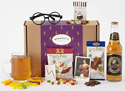 Image of The Ultimate Wizards Treat Hamper Including Non-Alcoholic Butterscotch Beer, Chocolate Frog, Bertie Bott's Beans, Jelly Slugs, Wizard Glasses & Temp Tattoo - Hamper Exclusive To Burmont's