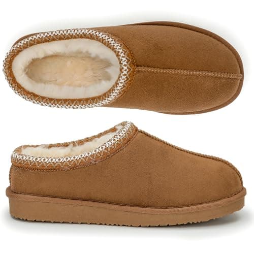 Image of Polar Women’s Faux Suede Shearling Lined Slippers - Warm Memory Foam Indoor Outdoor Slip-On House Shoes with Aztec Trim - Non-Slip Sole for Winter Cosy Comfort - Chestnut - UK 9