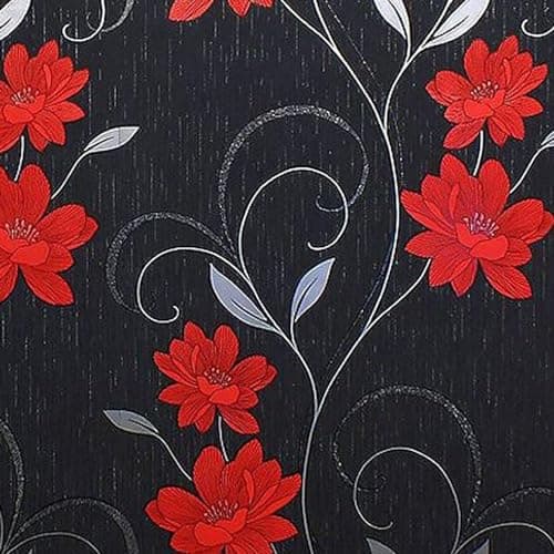 Image of Red Flower Wallpaper Textured Metallic Glitter Effect Vinyl Floral Silver Black Grey Modern