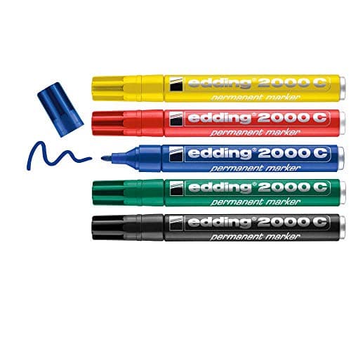 Image of edding 2000 C Permanent Marker - red, Blue, Green, Yellow, Black - Set of 5 Basic Colours - Round Nib - Quick-Drying Permanent Marker - Waterproof - for Cardboard, Plastic, Wood, Metal, Glass
