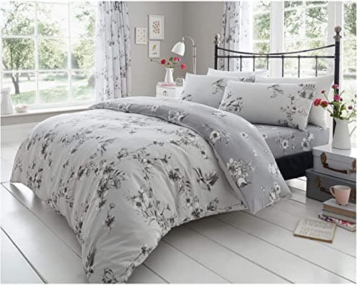 Image of Lions Reversible Floral Bedding Set - Double Bed Duvet Cover Sets with Matching Pillowcase, Soft Printed Flowers Quilt Covers Linen, Poly Cotton, Grey, 3 Piece, 200x200cm