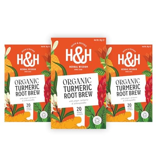 Image of Heath & Heather Organic Turmeric & Ginger Tea Bags – 3-Pack Gift Set | Premium Turmeric Brew with Ginger & Ashwagandha | Caffeine-Free Root Tea Infusion