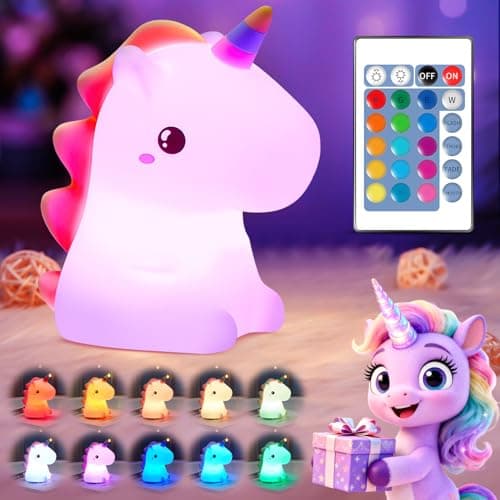 Image of One Fire Unicorn Night Light Kids, 16 Colors & Remote Control Baby Night Light, Rechargeable Unicorn Lamp, Cute Girls Gifts for Kids, Teens