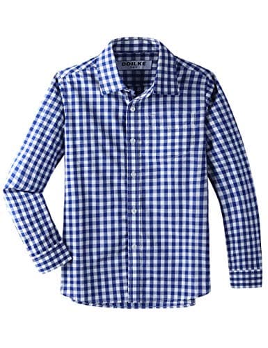 Image of DDILKE Boys' School Shirt Long Sleeve Uniform Shirts Plaid Button Down Poplin Shirt, Regular fit, Royal Blue and White Check, Size 7-8 Years