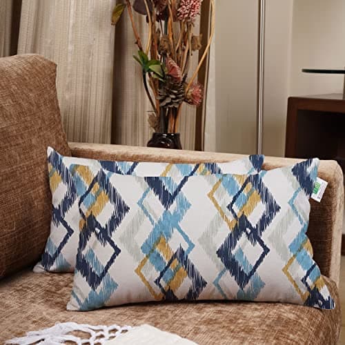 Image of HOMEMONDE Cotton 120 TC Cushion Covers Set Of 2-12 X 18 Inches Small Pillow Covers For Living Room Decoration, Multicolor, 30 X 45 Cm, 3D Square