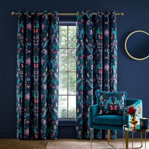 Image of Catherine Lansfield Mya Tropical Floral 66x90 Inch Lined Eyelet Curtains Two Panels Navy Blue