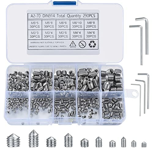 Image of 290 Pcs Cone Cup Point Grub Screws, M3/M4/M5/M6/M8 Hex Head Socket Screws Set Assorted, Mixed Stainless Steel Metric Threads with Internal Hex Drive for Door Handles, with 5 Pcs Allen Key