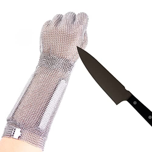 Image of RETON-PPE 15cm Long Chain Post Glove for Butcher, Finger Protective Safety Work Glove, Cut Resistant Glove Food Grade, 316L Stainless Steel Metal Mesh Gloves with Metal