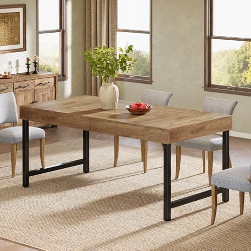 Image of Tribesigns Farmhouse Dining Table for 4-6 People, 55 Inches Industrial Rectangular Kitchen Dinner Table with Heavy-Duty Metal Legs for Home, Dining Room, Small Space, Rustic Brown