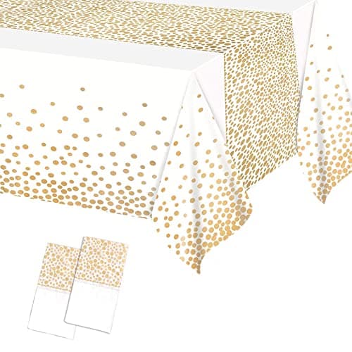 Image of 2Pcs 137*274cm White and Gold Disposable TableCloths Party Paper Plastic TableCloth,Large Thicken Dot Rectangular Waterproof Table Cover for Picnic,Halloween,Wedding,Christmas,Birthday Party Decor