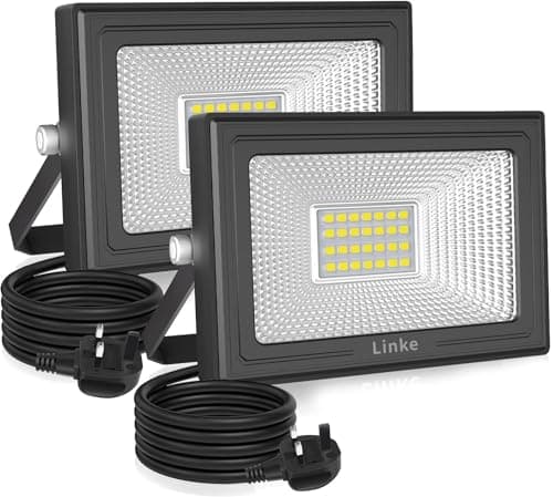 Image of Linke 25W LED Floodlight Outdoor, 2100LM LED Security Lights with Plug, IP66 Waterproof Led Outdoor Lights 6500K Daylight White Wall Lights Outside for Garden Warehouse Garage Porch, 2 Pack
