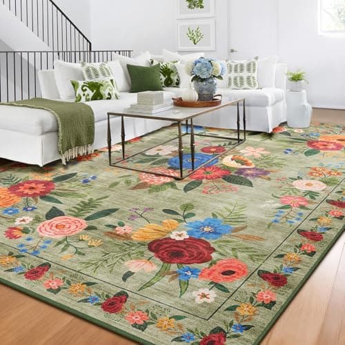 Image of BYBSRLL Machine Washable Rugs Living Room, 90x150cm, Non Slip Floor Carpet, Boho Rug, Low Pile, Soft Vintage Floral Area Rugs for Bedroom, Kitchen,Entryway, Lounge, Bedside, Dorm, Green