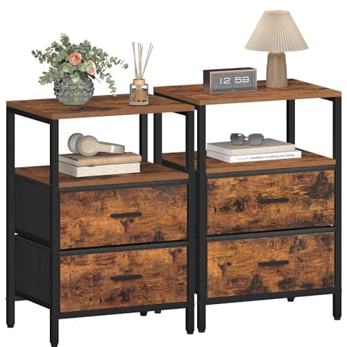 Image of Hzuaneri Bedside Table Set of 2, Side End Table with 2 Fabric Storage Drawers, Bedside Cabinet with Open Storage Shelf, Nightstand for Bedroom, Livingroom, Office, Rustic Brown NS30701B