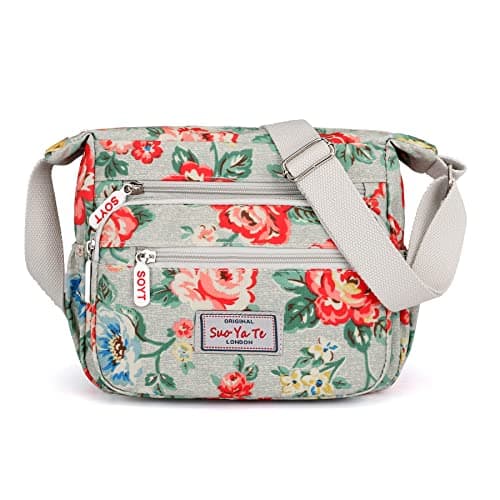 Image of Womens Multi-Pocket Casual Crossbody Handbags Waterproof Flowral Printed Shoulder Nylon Bags Travel Messenger Bags (Floral-Grey)