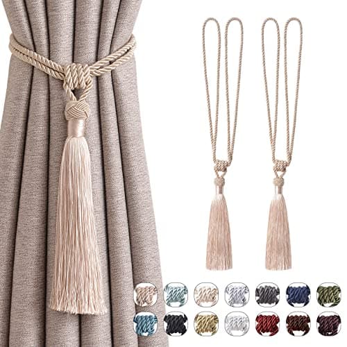 Image of Pretty Jolly 2 Pack Long Tassel Curtain Tiebacks Handmade Braided Rope Knot Drape Tie Backs European Style Decorative Curtain Holdbacks for Home & Office Window Drapery (Dark Beige)