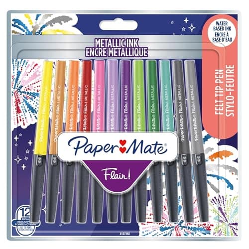 Image of Paper Mate Flair Metallic Felt Tip Pens | Glittery Ink Shines on White Paper | Assorted Colours | Medium Point (0.7mm) | 12 Count