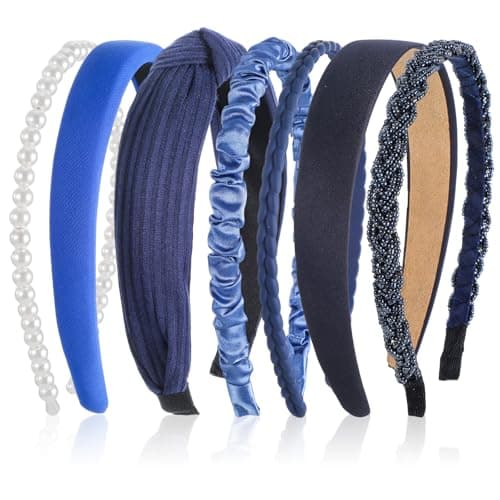 Image of ElevateTech Blue Headbands for Women Girls, 7 Pcs Different Navy Blue Non Slip Hair Band for Womens Twisted Knotted Pearl Head Bands for Thick Thin Hairs Fashion Hair Accessories Set
