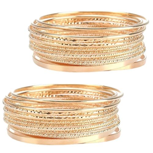 Image of LPMXYW 28 PCS Gold Bangle Bracelet Set - Stackable Glossy Plated Layered Thin Charm Bangles for Wedding Party Costume Jewellery Accessories