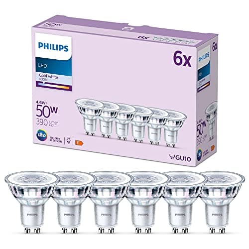 Image of Philips LED Classic Spot Light Bulb 6 Pack [Cool White 4000K - GU10] 50W, Non Dimmable. for Home Indoor Lighting