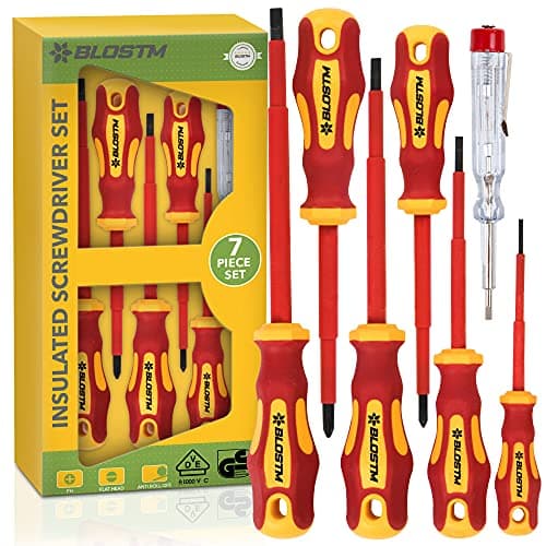 Image of BLOSTM Precision Insulated Screwdriver Set - 7pcs VDE Tested Electrical Screwdriver Set to 1000V, Hardened Black Point Magnetic Tipped Electricians Screwdriver Set (7 PCS)