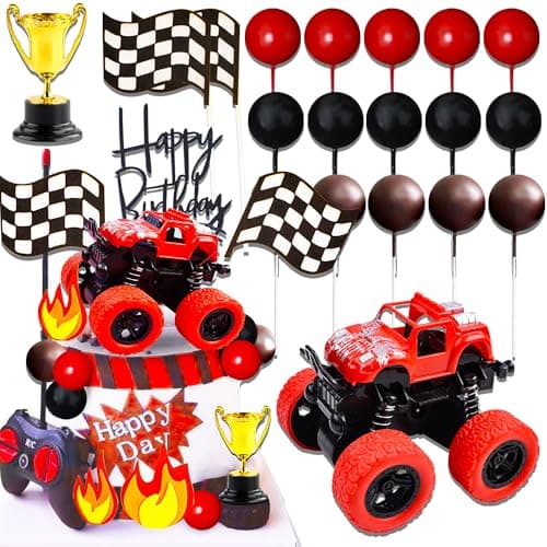 Image of Red Monster Truck Cake Topper Monster Truck Cupcake Toppers for Racing Car Party Decorations Race Car Birthday Decorations