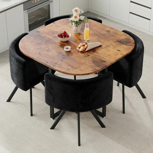 Image of Warmiehomy Dining Table and Chairs set 4, Square Wooden Kitchen Dining Table with 4 Chairs for Small Space Home Apartment Living Room, MDF Tabletop, Velvet Fabric, Metal Legs