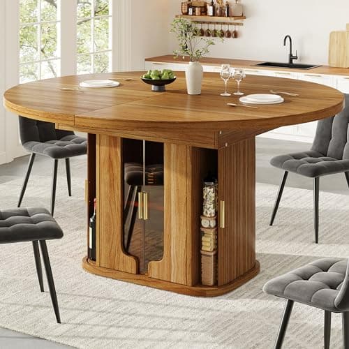 Image of Miyemo Extendable Round Dining Table, 118-158 cm Oval Kitchen Dining Room Table with Storage for 6 People, Extends to Oval, Dining Table with Glass Doors, for Home & Living Room, Walnut
