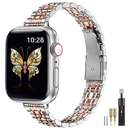 Image of MioHHR Slim Straps Compatible with Apple Watch Strap 38mm 40mm 41mm 42mm(Series 11/10),Thin Stainless Steel Metal Chain Band for Women iWatch Straps Series 9 8 7 6 5 4 3 2 1 SE,Silver/Rose Gold