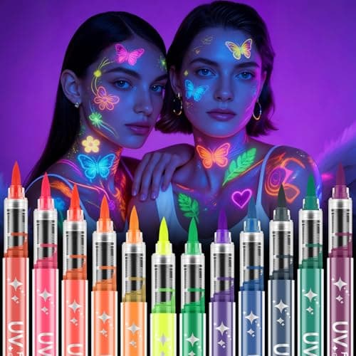 Image of AOOWU Glow in the Dark Face Paint Pens, 12 Colors Glow UV Neon Glow Face Paint Crayons Kit, Neon Face Paint Markers, UV Body Paint Kit Glow Under Blacklight for Adults Halloween Makeup Party