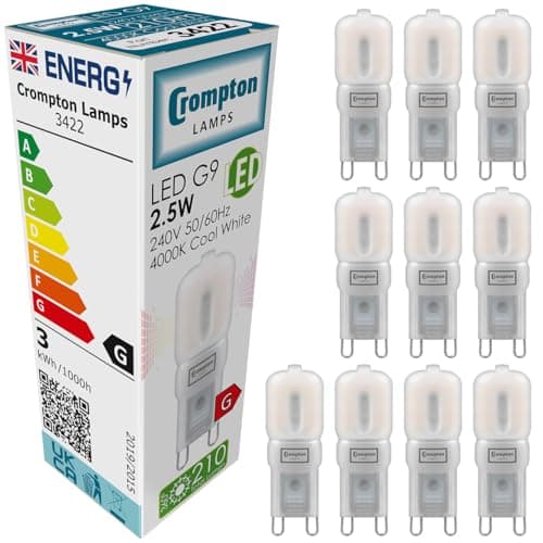 Image of Crompton Lamps LED G9 Capsule Bulbs 2.5W | 10 Pack | 25W Halogen Replacement | Cool White 4000K | Energy-Saving LED Light Bulbs | Opal G9 Bulbs for Ceiling, Cabinet & Accent Lighting