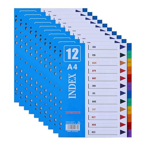Image of 1-12 Month Part File Dividers A4, 【10Pack】 Plastic A4 Folder Dividers for Ring Binders with11-Holes & Content List, Multi-Colour Index Dividers for Lever Arch Files Ideal for Office School