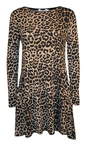 Image of Colop Women Long Sleeve Print Swing Dress Flared A Line Skater Dress Top Size 8-26 (Brown Leopard, 20-22)