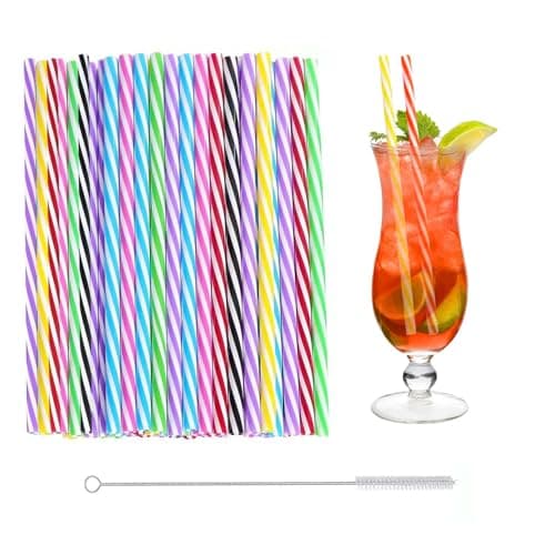Image of Plastic Straws, 50 Pcs Reusable Plastic Straws Drinking Straws Colorful Striped Drinking Straws with Cleaning Brush Straws Drinking Plastic for Family Bars Cafes Restaurants Celebrations