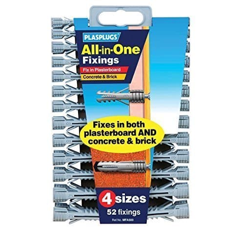 Image of All in One Multi Purpose Multi Fix Use Assorted Size Wall Plugs Heavy Duty Raw Rawl Plug Fixings Brick Stone Cement Concrete Hollow Cavity Partition Partitioning Drywall Professional Hanging Clamps Screw Fixing in Different Sizes  Pack of 52