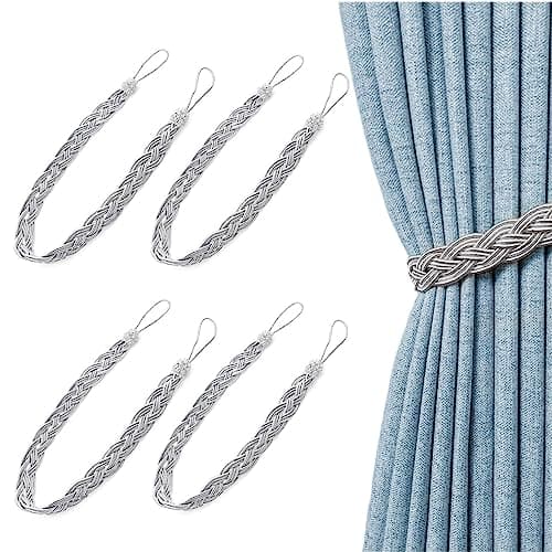 Image of JZK 2 Pairs Silver grey tiebacks for curtains, braided curtain tiebacks tie backs, simple type curtain ties, curtain tied rope, curtain holdback rope